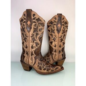 Corral Sz7 Brown Tan Leather Laser Cut Western Cowboy Boots Snip Toe Women